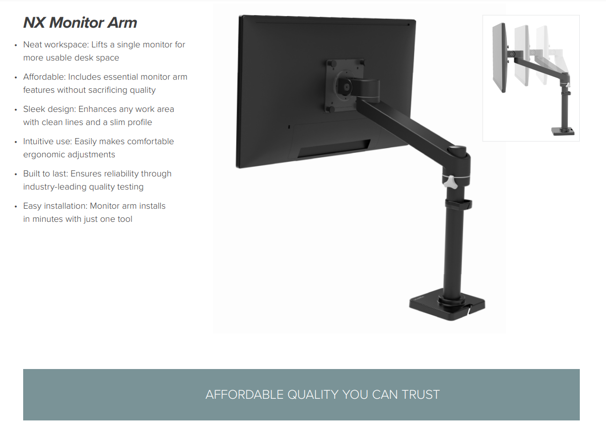 A large marketing image providing additional information about the product Ergotron NX Monitor Arm - Matte Black - Additional alt info not provided